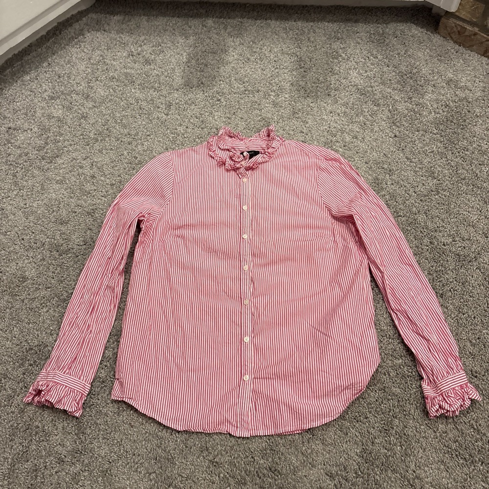 J. Crew AS700 Pink & White Stripe Ruffleneck Classic Fit Shirt Womens Medium
